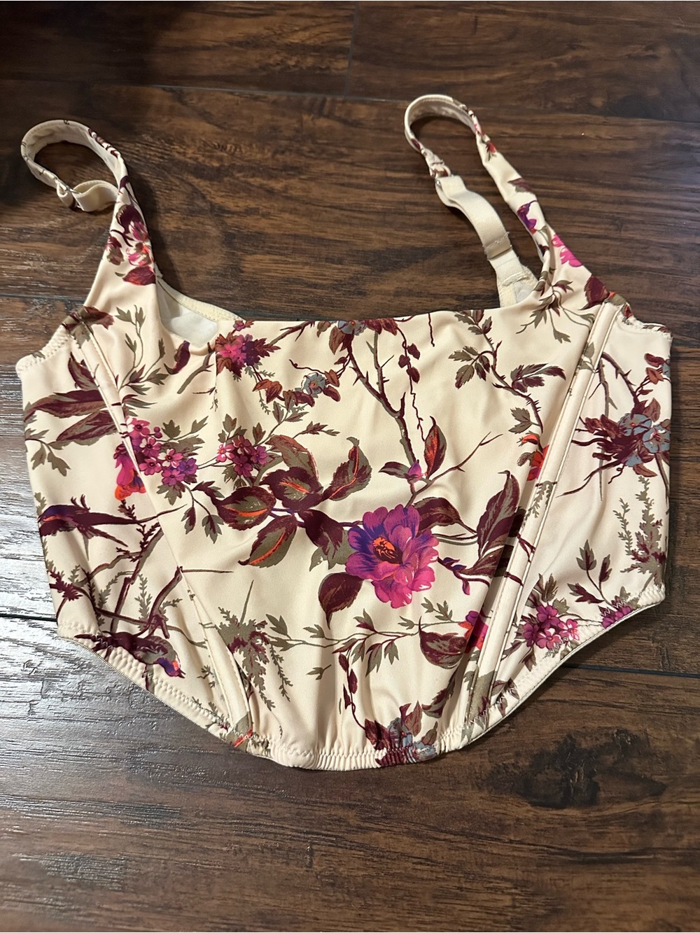 Urban Outfitters Cream Floral Crop Corset with Pink & Burgundy Blooms